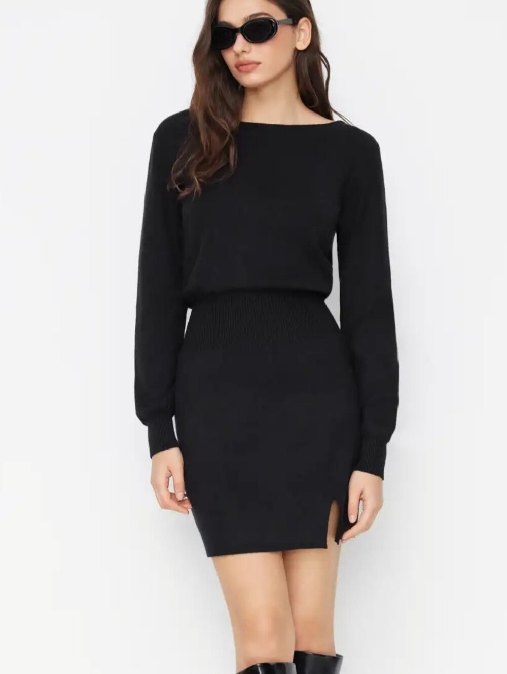 Black Knit Long-Sleeve Sweater Dress Size L New